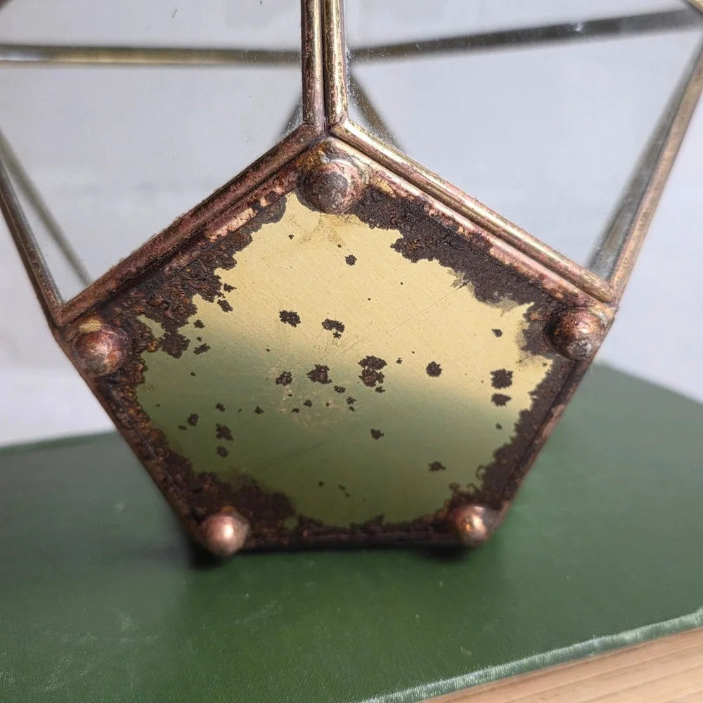 Vintage Brass Etched Glass Geometric Trinket Box Terrarium Mirrored Floral